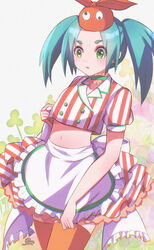  absurdres alternate_costume anotherplus apron aqua_hair arm_at_side artist_name back_bow blush bow bow_skirt breasts buttons choker clover clover_background commentary cowboy_shot crop_top curled_fingers double-breasted expressionless female film_grain frilled_apron frilled_bow frilled_skirt frills googly_eyes green_background green_choker green_eyes hand_on_own_chest hat highres hikimayu huge_bow long_hair looking_ahead midriff miniskirt monogatari_(series) navel ononoki_yotsugi orange_hat orange_skirt orange_thighhighs parted_bangs parted_lips petticoat puffy_short_sleeves puffy_sleeves shirt short_eyebrows short_sleeves signature single_vertical_stripe skirt small_breasts solo standing striped_clothes striped_shirt thick_eyebrows thighhighs twintails two-tone_skirt vertical_stripes waist_apron white_apron white_background white_bow white_skirt zettai_ryouiki 