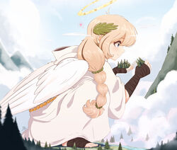  angel angel_wings bandaged_arm bandages blonde_hair blue_eyes braid cloud commentary english_commentary feathered_wings female from_side giant giantess hair_ornament halo heart holding kaethe_(raps) leaf_hair_ornament long_hair mountain mountainous_horizon original outdoors raps_(yohomeboyraps) robe smile solo spoken_heart squatting toeless_footwear white_robe wings 