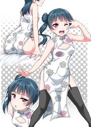  ;d alternate_hairstyle arm_up ass bare_arms bed_sheet black_thighhighs blue_hair blunt_bangs blush breasts china_dress chinese_clothes cleavage cleavage_cutout clothing_cutout commentary_request dress earrings floral_print garter_straps halftone halftone_background highres jewelry looking_at_viewer love_live! love_live!_sunshine!! multiple_views nail_polish on_bed one_eye_closed open_mouth red_eyes side_ponytail side_slit sitting sleeveless sleeveless_dress small_breasts smile static_cling teeth thighhighs tsushima_yoshiko upper_teeth_only v white_dress yopparai_oni 