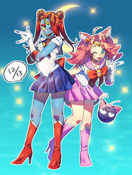  animal_humanoid blue_body blue_skin boots bottomwear clothing cosplay costume duo eye_patch eyewear female fish fish_humanoid footwear gloves hair handwear hi_res high_heeled_boots high_heels humanoid marine marine_humanoid mew_mew_(undertale) pink_hair pugthe2ro red_boots red_clothing red_footwear red_hair sailor_moon_(character) sailor_moon_(series) sharp_teeth shirt skirt teeth topwear undertale undertale_(series) undyne white_clothing white_gloves white_handwear white_shirt white_topwear yellow_sclera 