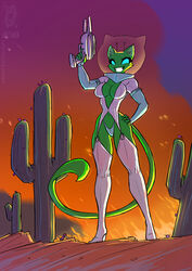  2021 alien antennae_(anatomy) anthro blue_eyes breasts cactus cleavage clothed clothing conditional_dnp desert domestic_cat empty_eyes felid feline felis female fire flower footwear fur green_body green_fur grin high_heels jollyjack leggings legwear mammal night plant ranged_weapon raygun retrofuturism sky smile smoke solo weapon 