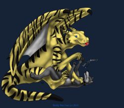  ball belly black_stripes blue_eyes canid canine canis digitigrade dragon duo fur hi_res mammal multicolored_body mythological_creature mythological_scalie mythology scalie stripes tail tlan_atolm wolf wolfywetfurr_(artist) yellow_belly yellow_body yellow_skin 