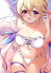  40_(0f0urw) absurdres ass bare_shoulders blonde_hair blue_eyes blush breasts cleavage collarbone europa_(granblue_fantasy) europa_(summer)_(granblue_fantasy) female flower from_above granblue_fantasy hair_between_eyes hair_flower hair_ornament highres large_breasts looking_at_viewer navel official_alternate_costume open_mouth ribbon sitting smile solo swimsuit tiara 