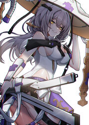  absurdres ass breasts cleavage female goddess_of_victory:_nikke grey_hair hair_between_eyes hand_on_headwear hat highres holding holding_sword holding_weapon kongbai_huanxiang large_breasts long_hair looking_at_viewer parted_lips scarlet_(nikke) simple_background smile solo sword thighs weapon white_background yellow_eyes 