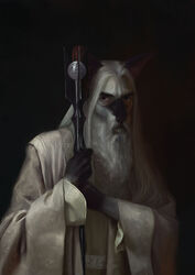  2021 alternate_species anthro anthrofied beard bra1neater clothed clothing facial_hair felid feline formal_art fur furrification gloves_(marking) hi_res holding_object j._r._r._tolkien looking_at_viewer male mammal markings middle-earth_(tolkien) moustache saruman solo staff the_lord_of_the_rings 