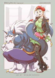  1boy alternate_costume artist_name beret black_jacket boots braid brushing_tail cammy_white capcom character_name claws commentary company_connection crossover dress english_commentary fangs female furry furry_male gallon_(vampire) green_dress hair_brush hat jacket looking_at_another mixed-language_commentary official_alternate_costume open_mouth pantyhose richard_suwono shoulder_spikes shy smile spikes squatting street_fighter street_fighter_v tail tail_wrap tongue tongue_out torn_clothes torn_legwear twitter_username vampire_(game) werewolf wolf_boy wolf_tail 