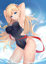  :o absurdres armpits arms_up bare_hips bison_cangshu black_one-piece_swimsuit blonde_hair blue_eyes blue_sky blush braid breasts cloud competition_swimsuit covered_navel crown_braid day female highres impossible_clothes impossible_swimsuit large_breasts long_hair looking_at_viewer one-piece_swimsuit open_mouth outdoors richelieu_(warship_girls_r) sideboob sky solo sun sunlight swimsuit thighs v-shaped_eyebrows very_long_hair wading warship_girls_r water wet 