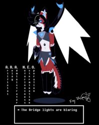  2022 android animated anthro ara_(fluff-kevlar) black_body black_fur black_hair deltarune domestic_cat felid feline felis female floating foony fur hair hi_res long_hair loop machine mammal midriff red_body red_fur robot short_playtime solo text undertale_(series) white_body white_fur wings 