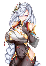  absurdres bad_id bad_pixiv_id bare_shoulders breasts clothing_cutout commentary covered_navel cowboy_shot female genshin_impact grey_hair hair_ornament hair_over_one_eye highres large_breasts long_braid long_hair looking_at_viewer okine_(okine691) parted_lips purple_eyes shenhe_(genshin_impact) shirt shoulder_cutout simple_background solo standing very_long_hair white_background white_shirt 