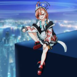  absurdres blue_archive blue_necktie commentary female halo highres jacket jonasmk maid necktie neru_(blue_archive) open_clothes open_jacket orange_eyes orange_hair outdoors shirt solo thighs white_shirt 