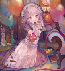  ahoge apron balloon book candy candy_wrapper cha_goma chair chocolate chocolate_bar eating female food food_on_face giving grey_hair highres long_sleeves looking_at_viewer maid maid_apron maid_headdress on_ground original outstretched_arm purple_eyes short_hair solo white_apron 