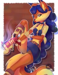  anthro breasts canid canine carmelita_fox cleavage clothed clothing ear_piercing ear_ring female fox gun hair hi_res mammal obakawaii piercing ranged_weapon ring_piercing sly_cooper_(series) solo sony_corporation sony_interactive_entertainment sucker_punch_productions weapon 