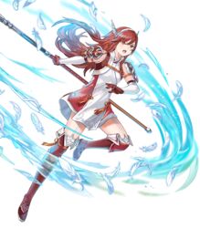  armor boots caeldori_(fire_emblem) dress elbow_gloves feathers female fire_emblem fire_emblem_fates fire_emblem_heroes flat_chest full_body garter_straps gloves hair_ornament hairband highres holding holding_weapon knee_boots leg_up long_hair looking_away non-web_source official_art open_mouth polearm red_eyes red_hair short_dress shoulder_armor slashing solo standing tan_(tangent) thighhighs transparent_background weapon zettai_ryouiki 