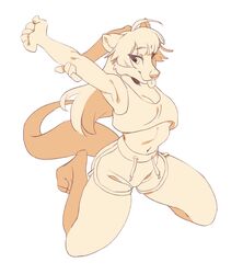  2019 absurd_res anthro biped breasts canid canine clothed clothing digital_media_(artwork) female hair hi_res kneeling mammal midriff navel simple_background smile solo takiminada tongue 