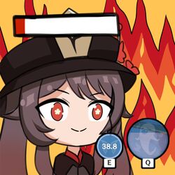  black_headwear boo_tao_(genshin_impact) brown_hair chibi dm_(nguyen_dm95) female fire flower-shaped_pupils gameplay_mechanics genshin_impact gradient_hair health_bar hu_tao_(genshin_impact) multicolored_hair red_eyes smile solo symbol-shaped_pupils twintails 