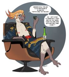  2023 alcohol anthro asian_clothing avian beverage bird blonde_hair chair clothing cockatiel cockatoo container crossed_legs cup dialogue digital_media_(artwork) drinking_glass east_asian_clothing english_text eyewear feather_hair feathers furniture glass glass_container glass_cup glasses grey_body grey_skin hair half-closed_eyes japanese_clothing kimono luger male mordecai_(modern_bird) narrowed_eyes office_chair open_mouth open_smile parakeet parrot pseudo_hair roly sake sake_bottle shot_glass simple_background smile solo speech_bubble text true_parrot white_background white_body white_feathers 