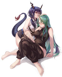  2girls arknights bad_id bad_pixiv_id bare_shoulders barefoot black_shirt blue_hair breasts ch&#039;en_(arknights) commentary_request dragon_horns dragon_tail green_hair hair_between_eyes highres horns hoshiguma_(arknights) kneeling large_breasts licking long_hair looking_away medium_breasts multiple_girls red_eyes shirt shorts sidelocks single_horn sitting skin-covered_horns sleeveless tail thighs white_shirt yue_(lov_n_n) yuri 