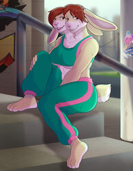  2_heads anthro avoid_posting bottomwear building city clothing crop_top female hi_res klotzzilla lagomorph leporid mammal multi_head pants plantigrade rabbit railing shirt sitting solo stairs sweatpants tank_top topwear 