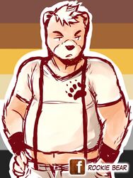  2015 3:4 anthro bear bottomwear clothed clothing digital_media_(artwork) front_view fully_clothed fur hair half-closed_eyes hi_res looking_down male mammal narrowed_eyes navel orange_body orange_fur pants rook_kawa shirt short_hair simple_background slightly_chubby solo standing topwear white_clothing white_hair white_shirt white_topwear 