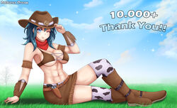  abs alternate_costume animal_print blue_eyes boots breasts byleth_(female)_(fire_emblem) byleth_(fire_emblem) cow_print cowboy_hat cowboy_western female fire_emblem fire_emblem:_three_houses gun hat highres large_breasts looking_at_viewer medium_hair milestone_celebration one_eye_closed patdarux sideboob sitting smile solo thank_you underboob weapon 