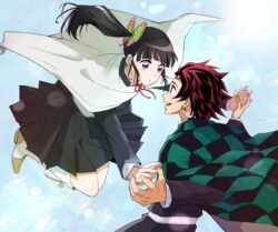  1boy :d :o black_hair black_jacket black_skirt blue_sky boots brown_eyes brown_hair butterfly_hair_ornament cape checkered_cape commentary_request demon_slayer_uniform eye_contact female hair_ornament holding_hands jacket kamado_tanjirou kimetsu_no_yaiba long_hair looking_at_another open_mouth outdoors purple_eyes san_mon side_ponytail skirt sky smile sunlight tsuyuri_kanao white_cape white_footwear 