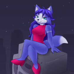  2021 anthro blue_body blue_fur blue_hair breasts canid canine clothing dipstick_tail eyebrows female footwear fox friday_night_funkin&#039; fur girlfriend_(fnf) hair hi_res high_heels krystal_(star_fox) long_hair looking_at_viewer mammal markings missmccloud nintendo sitting smile smiling_at_viewer solo speaker star_fox tail tail_markings teal_eyes white_body white_fur 