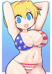  alice_margatroid american_flag american_flag_bikini american_flag_print armpits arms_up bikini blonde_hair blue_background blue_eyes breasts cookie_(touhou) female flag_print gradient_background hair_between_eyes hospital_king large_breasts looking_at_viewer medium_bangs navel open_mouth print_bikini short_hair smile solo star_(symbol) star_print striped_bikini striped_clothes swimsuit touhou web_(cookie) white_background 