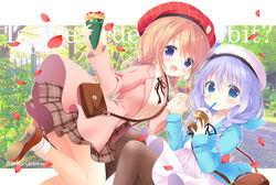  2girls :d aono_ribbon bag beret black_ribbon blue_eyes blue_hair blue_jacket blush braid brown_footwear brown_hair brown_legwear brown_skirt coat collared_shirt commentary_request copyright_name crepe cup disposable_cup dress dress_shirt drinking_straw food gochuumon_wa_usagi_desu_ka? hair_over_shoulder hat holding holding_cup holding_food hoto_cocoa jacket kafuu_chino long_hair long_sleeves looking_at_viewer multiple_girls neck_ribbon open_clothes open_coat open_mouth pantyhose petals photoshop_(medium) pink_coat plaid plaid_skirt pleated_skirt purple_eyes red_headwear ribbon shirt shoe_soles shoes shoulder_bag skirt sleeves_past_wrists smile socks twin_braids twitter_username very_long_hair white_dress white_headwear white_legwear white_shirt 