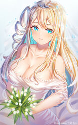  absurdres artist_name blonde_hair blue_eyes breasts bride cleavage collarbone crown_hair_ornament dress female flower girls&#039;_frontline highres large_breasts long_hair looking_at_viewer official_alternate_costume simple_background smile solo suomi_(blissful_mission)_(girls&#039;_frontline) suomi_(girls&#039;_frontline) takechii wedding_dress 