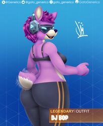  2019 absurd_res alpaca anthro ass big_butt blue_background blue_eyes bottomwear bra breasts camelid clothed clothing digital_media_(artwork) dj_bop electronics epic_games eyewear female fortnite fur gatogenerico glasses hair headphones hi_res huge_butt legwear looking_at_viewer looking_back mammal open_mouth pants pink_body pink_fur portrait short_hair simple_background smile solo tail tail_motion tailwag three-quarter_portrait tongue topwear underwear yoga_pants 