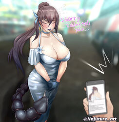  arthropod_girl blue_dress blue_gloves blue_lips breasts brown_hair cellphone cellphone_photo closed_eyes commentary_request dress english_commentary english_text female gloves highres holding holding_phone large_breasts long_hair mixed-language_commentary mole mole_on_breast monster_girl nofuture original phone scorpion_girl scorpion_tail side_ponytail sidelocks smartphone solo_focus tail 