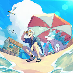  1boy adjusting_eyewear alolan_sandslash aqua_eyes building can cloud commentary_request cooler day eyewear_on_head gigu_(tak_love-ya) hand_on_eyewear highres holding holding_can jewelry necklace official_alternate_costume open_mouth outdoors pokemon pokemon_(creature) pokemon_masters_ex pokemon_rse sand sandals shirt shore shorts sky steven_stone steven_stone_(summer_2020) sunglasses teeth toes tongue water white_hair white_shorts wingull 