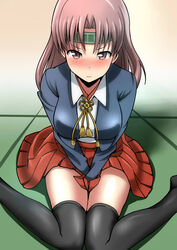  between_legs blouse blush breasts brown_eyes brown_hair chiyoda_(kancolle) female hakama hakama_short_skirt hakama_skirt hand_between_legs headband highres jacket japanese_clothes kantai_collection kashiwamochi_(kashiwakashiwa) large_breasts looking_at_viewer medium_hair pout shirt sitting skirt tatami thighhighs wariza white_shirt zettai_ryouiki 