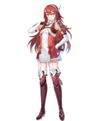  armor blush boots caeldori_(fire_emblem) closed_mouth dress elbow_gloves female fire_emblem fire_emblem_fates fire_emblem_heroes flat_chest full_body garter_straps gloves hair_ornament hairband hand_on_own_chest hand_on_own_hip hand_up high_heels highres knee_boots long_hair looking_at_viewer non-web_source official_art red_eyes red_hair short_dress shoulder_armor smile solo standing tachi-e tan_(tangent) thigh_boots transparent_background zettai_ryouiki 