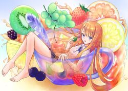  barefoot blackberry_(fruit) blue_eyes blueberry cherry commentary cup drinking_glass feet female food fruit grapes highres in_container in_cup kiwi_(fruit) lemon long_hair mint orange_(fruit) orange_hair original pineapple pineapple_slice raspberry rgrey00 school_uniform shirt skirt strawberry wet wet_clothes wet_shirt wet_skirt 