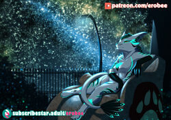  anthro bioluminescence detailed_background ero-bee female glowing humanoid night nude outside patreon patreon_logo rexouium sitting sky solo star starry_sky subscribestar subscribestar_logo text url 