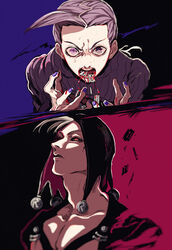  2boys black_sclera blood blood_from_mouth colored_sclera commentary_request freckles hat jojo_no_kimyou_na_bouken long_hair long_sleeves male_focus mizudama multiple_boys open_mouth purple_eyes purple_hair purple_nails purple_sweater razor_blade red_eyes risotto_nero sweatdrop sweater vento_aureo vinegar_doppio white_hair 