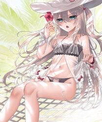  aqua_eyes azur_lane bare_shoulders bikini black_bikini breasts cat_cutout cat_cutout_panties clothing_cutout drink female frilled_bikini frills hair_between_eyes hair_bobbles hair_ornament hammann_(azur_lane) hammann_ii_(another_rebellious_summer)_(azur_lane) hammann_ii_(azur_lane) hammock hand_up hat highres holding holding_drink leaf long_hair looking_at_viewer navel official_alternate_costume open_mouth red_nails red_ribbon ribbon see-through sitting small_breasts solo swimsuit triangle_mouth tropical_drink trtrpnk white_hair wrist_belt 