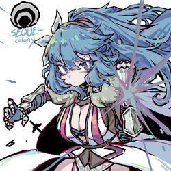  absurdres alasharx auris_(sequel) blue_bra blue_gloves blue_hair bra breasts chinese_commentary cleavage closed_mouth colored_eyelashes commentary_request copyright_name elbow_gloves eyelashes female fur_collar gauntlets gloves grey_hairband hair_between_eyes hairband highres large_breasts light_blue_hair long_hair ponytail purple_eyes sequel_(series) sequel_colony simple_background solo underwear white_background 