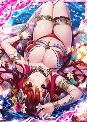  anklet arm_up armlet bare_shoulders bikini bracelet breasts choker cleavage closed_mouth crossover falkyrie_no_monshou female flower gradient_hair hair_flower hair_ornament halterneck innertube jewelry kobanzame large_breasts long_hair looking_at_viewer multicolored_hair navel official_art red_bikini red_eyes red_hair shinkai_no_valkyrie smile solo stomach string_bikini swim_ring swimsuit thighs upside-down very_long_hair water wet 