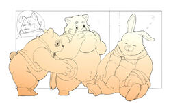  2021 5:3 anthro ball bear belly canid canine closed_eyes clothing group hoodie inunoshippo kemono lagomorph leporid male mammal overweight overweight_male popori rabbit raccoon_dog scarf sitting sleeping tanuki tera_online topwear 