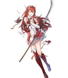  armor blush boots caeldori_(fire_emblem) clenched_teeth dress elbow_gloves female fire_emblem fire_emblem_fates fire_emblem_heroes full_body garter_straps gloves hair_ornament hairband highres knee_boots long_hair looking_away naginata non-web_source official_art one_eye_closed parted_lips polearm red_eyes red_hair short_dress shoulder_armor solo standing tan_(tangent) teeth thighhighs torn_clothes torn_dress transparent_background weapon zettai_ryouiki 