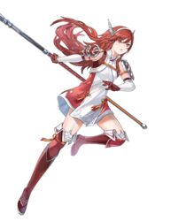  armor boots caeldori_(fire_emblem) dress elbow_gloves female fire_emblem fire_emblem_fates fire_emblem_heroes flat_chest full_body garter_straps gloves hair_ornament hairband highres holding holding_weapon knee_boots leg_up long_hair looking_away non-web_source official_art parted_lips polearm red_eyes red_hair short_dress shoulder_armor solo standing tan_(tangent) transparent_background weapon zettai_ryouiki 