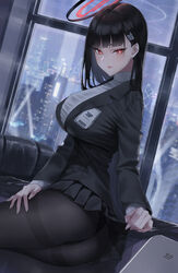  absurdres ass banana_oekaki black_hair black_panties black_pantyhose black_suit blue_archive breasts cityscape clothes_lift commentary female formal hair_ornament hairclip halo highres id_card lace-trimmed_panties lace_trim large_breasts lifting_own_clothes long_hair looking_at_viewer md5_mismatch miniskirt panties panties_under_pantyhose pantyhose pleated_skirt red_eyes rio_(blue_archive) seiza sitting skirt skirt_lift solo suit sweater tablet_pc turtleneck turtleneck_sweater underwear 