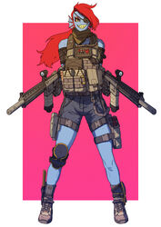  2015 abstract_background animal_humanoid ar-15 assault_rifle bag bandana bangs bare_shoulders blue_body blue_skin boots border bottomwear clothed clothing collarbone combat_boots digital_media_(artwork) dual_wielding ear_fins ear_frill eye_patch eyelashes eyeshadow eyewear fangs female fin fish fish_humanoid footwear frill_(anatomy) front_view full-length_portrait grin gun hair heart_symbol hi_res hk416 holding_assault_rifle holding_gun holding_object holding_ranged_weapon holding_rifle holding_weapon humanoid kerchief knee_pads knife long_hair looking_at_viewer makeup marine marine_humanoid military neckerchief noseless pgm300 portrait pupils ranged_weapon red_eyes red_eyeshadow red_hair rifle sharp_teeth shemagh shorts simple_background slit_pupils smile soldier solo standing teeth undertale undertale_(series) undyne warrior weapon white_border yellow_eyes yellow_teeth 