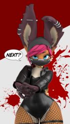  3d_(artwork) 9:16 absurd_res ambiguous_gender anthro basedvulpine basedvulpine_(character) beanie black_canary_(dc) blood blood_splatter blue_eyes bodily_fluids canid canine choker clothing collar comic_sans dc_comics digital_media_(artwork) ear_piercing face_covered fishnet_clothing fishnet_legwear fox fur hair hat headgear headwear hi_res hobkin hybrid jacket jewelry lagomorph latex leather leather_clothing leather_jacket leather_topwear legband legwear leporid long_ears mammal mask necklace orange_body orange_fur piercing pink_hair rabbit short_stack solo speech_bubble text the_flash_(series) thick_thighs thighband topwear unitard wide_hips 