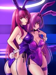  2girls :p animal_ears asakou_(n_morninglight) bare_shoulders bow bowtie breasts cleavage collarbone commentary_request cosplay cowboy_shot detached_collar fake_animal_ears fate/grand_order fate_(series) finger_to_mouth fishnet_pantyhose fishnets flower hair_intakes hand_on_own_hip highres large_breasts leotard long_hair looking_at_viewer looking_away looking_to_the_side matching_outfits multiple_girls official_alternate_costume pantyhose playboy_bunny profile purple_background purple_bow purple_flower purple_hair purple_leotard purple_rose purple_theme rabbit_ears red_eyes rose scathach_(fate) scathach_(fate)_(cosplay) scathach_(piercing_bunny)_(fate) scathach_skadi_(fate) self_cosplay standing strapless strapless_leotard thighlet tongue tongue_out wrist_cuffs 