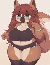  4_fingers anthro athletic_wear big_breasts big_tail biped black_bottomwear black_clothing black_shorts black_topwear blush bottomwear bra bracelet breasts brown_body brown_clothing brown_ears brown_fur brown_inner_ear brown_inner_ear_fluff brown_legwear brown_nose brown_tail canid canine clothed clothing countershade_face countershade_fur countershade_legs countershade_tail countershade_torso countershading digital_media_(artwork) eigetsu eyewear female female_anthro fingers fluffy fluffy_tail front_view fully_clothed fur glasses glistening glistening_body glistening_clothing glistening_eyes glistening_fur green_eyes hair hotpants humanoid_hands inner_ear_fluff jewelry kemono legwear long_hair looking_at_viewer mammal midriff monotone_hair multicolored_body multicolored_fur navel open_mouth open_smile pince-nez portrait red_hair short_stack shorts simple_background slightly_chubby smile solo sports_bra standing tail tan_body tan_countershading tan_fur tan_tail thick_thighs thigh_highs three-quarter_portrait topwear tuft two_tone_tail underwear wide_hips 