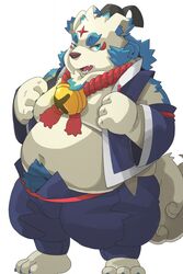  2018 agyo_(tas) anthro asian_mythology belly blue_eyes bluewhale127 east_asian_mythology foo_dog hi_res humanoid_hands japanese_mythology komainu lifewonders male mammal moobs mythology navel overweight overweight_anthro overweight_male pubes simple_background solo teeth tokyo_afterschool_summoners tongue white_background yokai 