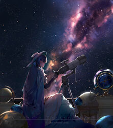  absurdres arknights armillary_sphere astesia_(arknights) astesia_(starseeker)_(arknights) blue_eyes blue_hair blush celestial_globe constellation constellation_request dress female galaxy globe gloves hat highres long_hair long_skirt looking_at_viewer milky_way mkt_(pixiv15187870) nebula night night_sky official_alternate_costume photoshop_(medium) skirt sky solo space star_(sky) stargazing starry_sky telescope white_dress white_hat white_skirt 